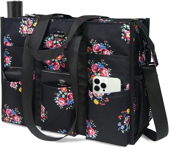 TOPDesign Utility Water Resistant Tote Bag with 22 Pockets, Top Zipper Closure & Thick Bottom Support, for Working Women