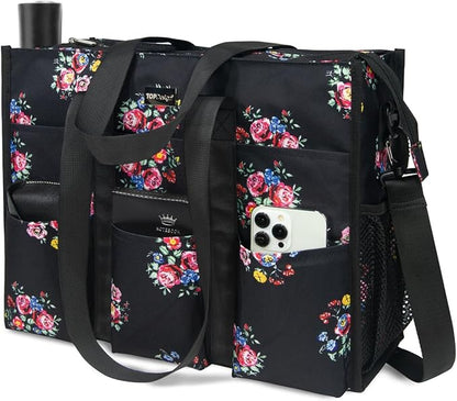 TOPDesign Utility Water Resistant Tote Bag with 22 Pockets, Top Zipper Closure & Thick Bottom Support, for Working Women