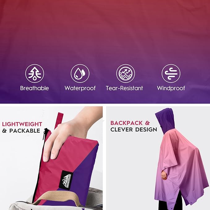 Bruvoalon 3-in-1 Rain Poncho with 1/4 Zip & Chest Pocket, Waterproof, Sunshade, Ground Mat for Adults & Youth Emergency