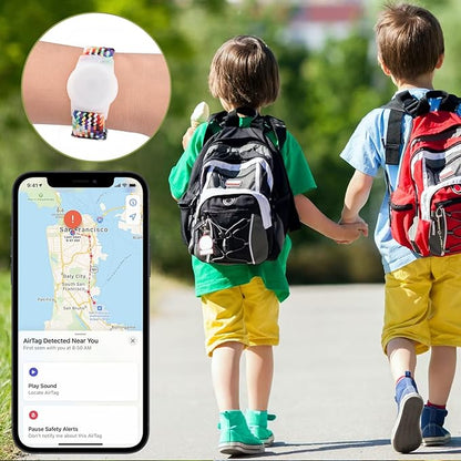 Vanjua Wristband for Apple AirTag, Protective Case Compatible with Air Tag GPS Tracker Holder with Braided Bracelet, Adjustable Anti Lost Watch Band for Toddler Child Elder (Blue+Rainbow)