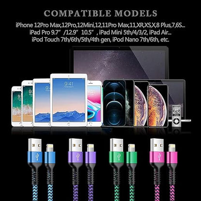 iPhone Charger Cable Cord 6ft Braided Charging Apple Original Nylon USB Cords fast charge Wire for iPhone 14 13 12 11 Pro Max Mini SE X 8 7 6s Plus, iPad, Long Cables Power Adapter Cargador 6ft -4Pack