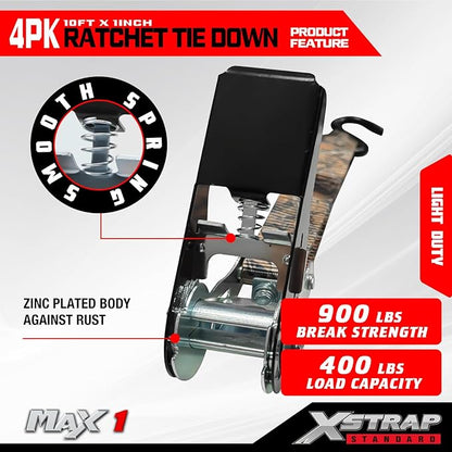 XSTRAP STANDARD Ratchet Tie Down Straps 4 Pk 10 Ft- 300 Lbs Load Cap- 900 Lbs Break Strength-Cargo Straps for Hunting, UTV, ATV, Pickup, Truck, Moving Appliances, Lawn Equipment, Camouflage