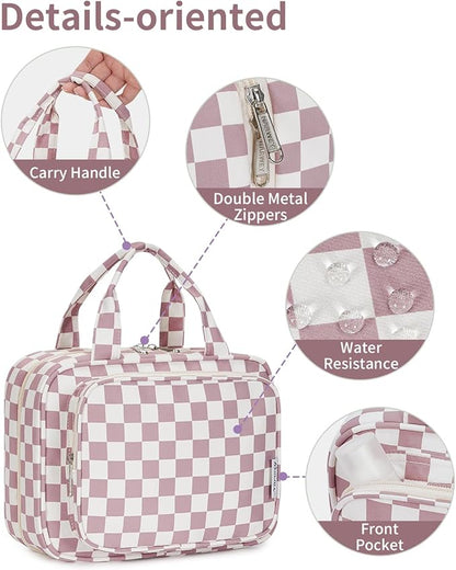 Narwey Hanging Toiletry Bag for Women Travel Makeup Bag Organizer Toiletries Bag for Travel Size Essentials Accessories Cosmetics (Dusty Pink Checkerboard (Medium))