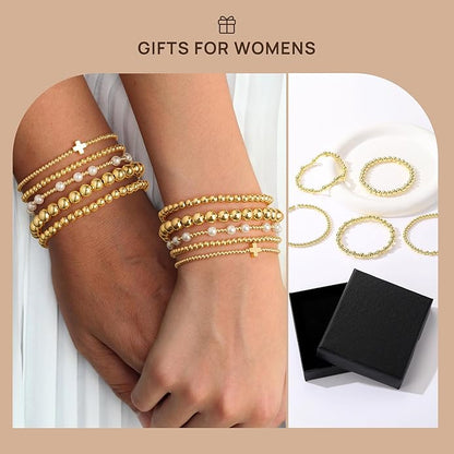 Yoosteel Gold Beaded Bracelets Set for Women Teen Girl Gifts Non Tarnish - 14K Gold Plated Dainty Round Bead Ball Pearl Cross Bracelet Stack for Women Teenage Girls Stackable Jewelry Christmas Gifts
