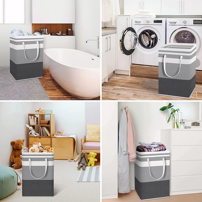 HomeHacks 2 Pack Large Laundry Baskets, Waterproof, Freestanding Laundry Hampers, Collapsible Clothes Hamper with Reinforced Handles in Laundry, College Dorm, Bathroom, Bedroom (Grey+Blue, 75Lx2)