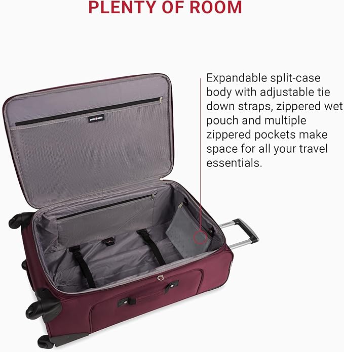 SwissGear Sion 3-Piece Set, Softside Expandable Luggage – 21 Inch Carry-On & 25 & 29 Inch Checked Suitcases with 360 Degree Wheels & Retractable Handles – Merlot