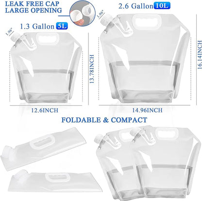4 Pack Collapsible Water Jugs, 1.3/2.6 Gallon - Freezable, BPA Free Clear Plastic Water Bag with Handle for Outdoor, Camping, Emergency, Hiking - Leakproof Collapsible Water Container Bags(4 x 10L)