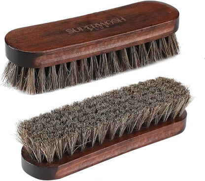 Horsehair Shoes Shine Brush, Soft Horse Hair Bristles Leather Clean & Care Brushes with Comfortable Grip for Shoes, Boots, Coats and Bags - 2 Pack