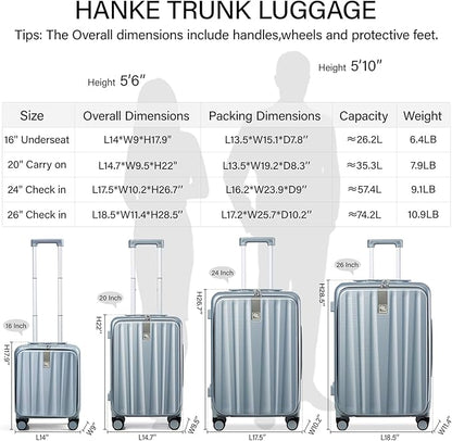 Hanke 16 Inch Underseat Carry On Suitcases with Wheels,Lightweight Hard Shell Carry on Luggage for Weekender,Top Opening Small Suitcase,Travel Luggage for Womem Men,Grey