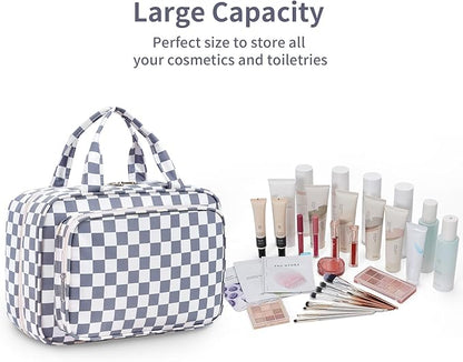 Narwey Travel Toiletry Bag for Women Large Hanging Makeup Bag Organizer Toiletries Bag for Full Size Essentials Accessories Cosmetics (Grayish Blue Checkerboard (Large))