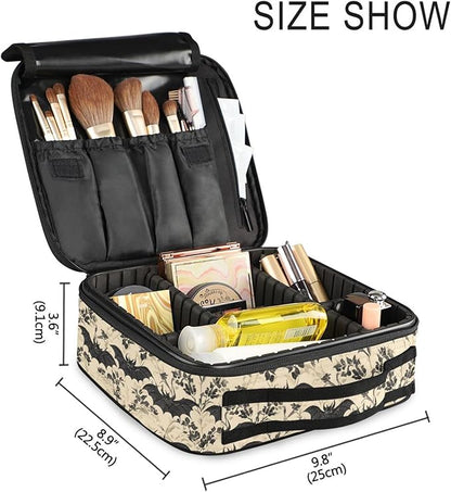 MNSRUU Travel Makeup Bag, Bats and Flowers Vintage Women Makeup Case Organizer Cosmetic Toiletry Bag for Teenage Girl with Adjustable Dividers