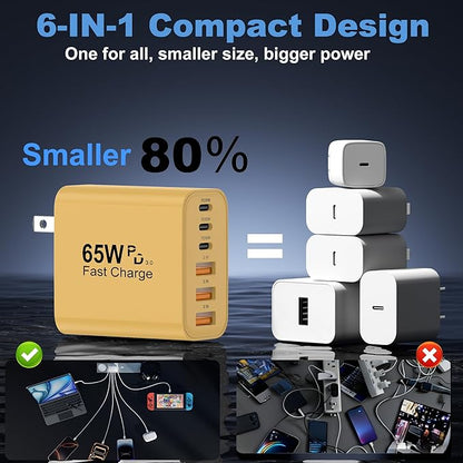 USB C Charger Block, 2-Pack 65W 6-Port USB C Wall Charger iPhone Charger Fast Charging PD Power Adapter+QC Wall Plug Multiport Type C Brick Chargers for iPhone 17 16 15 14 13 12 11 Pro Max XS,Yellow