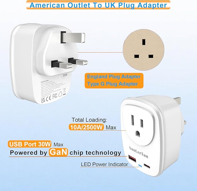 Type G-UK Plug Adapter, VooLerTun Dubai England Travel Adapter with 30W Fast Charge Power Adapter Dual Ports Cell Phone Camera, 1 American Outlet Adapter, US Converter for UK Travel,UK Power Adapter.