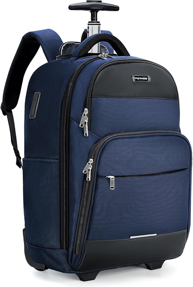 Rolling Backpack, 30L Travel Laptop Backpack with Wheels, 15.6 Inch Personal Item Roller Luggage with USB Charging Port Flight Approved for Men Women Adults, Blue