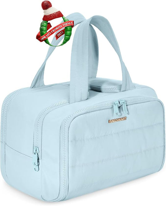 BAGSMART Travel Toiletry Bag, Crush Toiletry Bag for Women, Wide-open Puffy Toiletry Bags for Traveling, Large Travel Cosmetic Makeup Bag Organizer for Accessories,Toiletrie, Blue