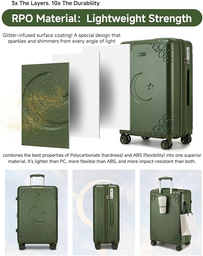 Somago 3 Piece Luggage Set with Cup Holder, Expandable 25% Capacity Suitcase with Shock-Absorbing Braking Spinner Wheels Moon Star Design Hardside Suitcase with TSA Lock (Army Green,Expandable Sets)