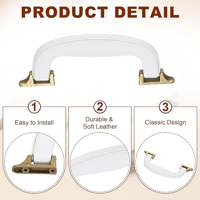 uxcell 4 Pcs PU Leather Luggage Handle, 0.9" Hole Distance Vintage U-Shape Replacement Strap Handle for Travel Handbag Guitar Musical Box Gift Boxes, White/Bronze
