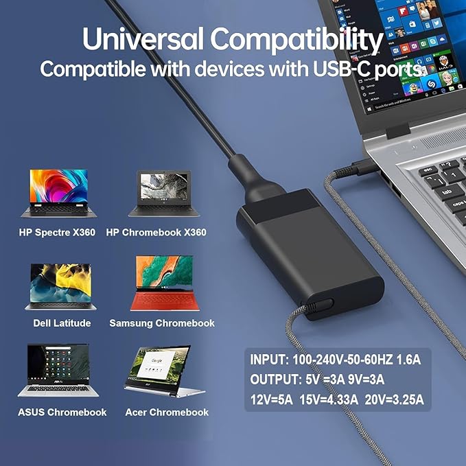 New Slim for HP 65W Laptop Charger USB C,Replacement for HP Envy X360,Spectre X360,Elitebook x360,HP Computer Chromebook,Zbook,Elite x2,ProBook,Pavilion Travel Type C Power Cord Ac Adapter