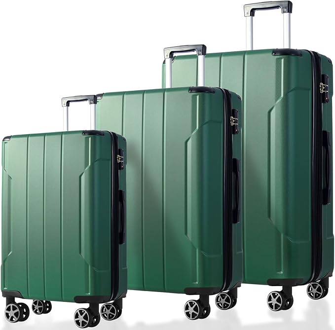 Merax Luggage Sets 3 Piece, Hardshell ABS Lightweight Durable Suitcases with Double Spinner Wheels, Green, 20/24/28 Inch