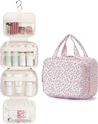 Narwey Hanging Toiletry Bag for Women Travel Makeup Bag Organizer Toiletries Bag for Travel Size Essentials Accessories Cosmetics (Green Leaves and Flower (Medium))