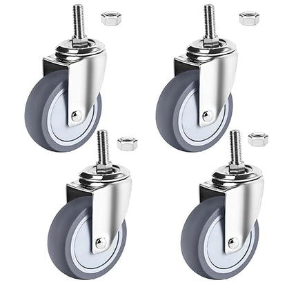 4 inch Stainless Steel Caster Wheels Heavy Duty, 1/2"-13x1-1/2 Threaded Stem Casters, Rust Resistant, Non-Marking Slient TPR Rubber Wheels for Hospital, Lab, Furniture, Restaurants