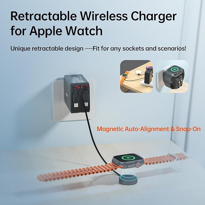 Retractable Apple Watch Charger, 5 in 1 Travel Charging Station for Apple Devices, Retractable Chargers for Multiple Devices with Multi Charging Cable, Charger Block for Apple Gear (Black)