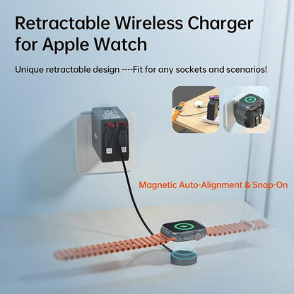 Retractable Apple Watch Charger, 5 in 1 Travel Charging Station for Apple Devices, Retractable Chargers for Multiple Devices with Multi Charging Cable, Charger Block for Apple Gear (Black)