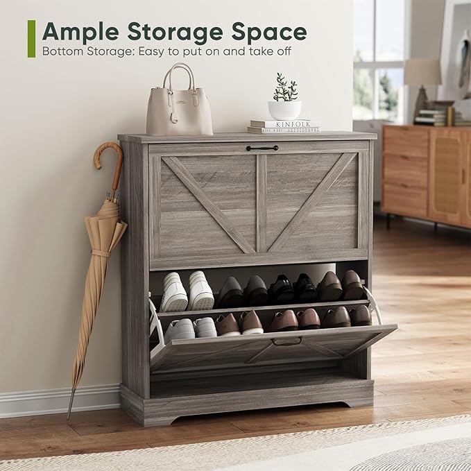 Shoe Storage Cabinet with 2 Flip Drawers, Farmhouse Narrow Shoe Cabinet Storage for Entryway, Slim Shoe Rack Cabinet with Wooden Feet, Gery