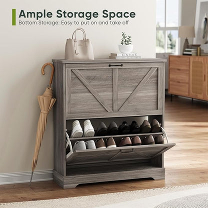 Shoe Storage Cabinet with 2 Flip Drawers, Farmhouse Narrow Shoe Cabinet Storage for Entryway, Slim Shoe Rack Cabinet with Wooden Feet, Gery
