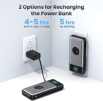 Portable Charger 26800mah for iPhone with Built-in Cables & AC Wall Plug,6-in-1 USB C Power Bank 5 Output Travel Essential,25W PD Fast Charging Battery Pack for iPhone17/16/15/14 Android,Apple Watch