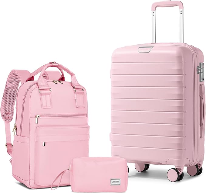 LARVENDER Luggage Sets 3 Piece, Hardside PP Carry On Suitcase with 360° Spinner Wheels TSA Lock Luggage Sets for Women, Orchid Pink