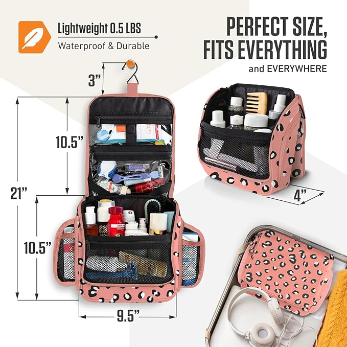 VENTURE 4TH Hanging Travel Toiletry Bag for Women & Men – Large Toiletry Organizer with 17 Compartments, Removable TSA Pouch, Travel Wash Bag for Toiletries, Makeup & Shaving Kit (Pink Cheetah)