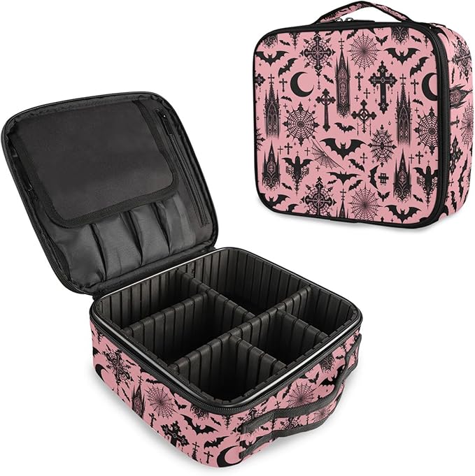 MNSRUU Travel Makeup Bag, Black Gothic Moon Spider Webs and Bats Women Makeup Case Organizer Cosmetic Toiletry Bag for Teenage Girl with Adjustable Dividers