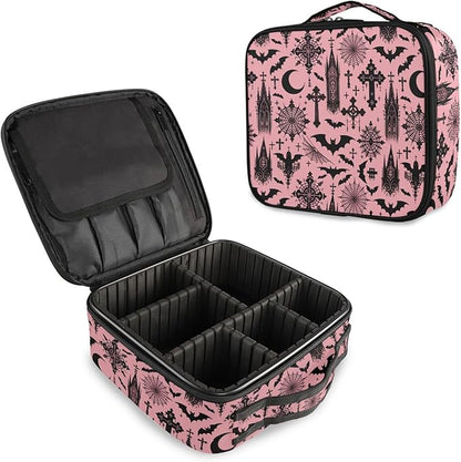 MNSRUU Travel Makeup Bag, Black Gothic Moon Spider Webs and Bats Women Makeup Case Organizer Cosmetic Toiletry Bag for Teenage Girl with Adjustable Dividers