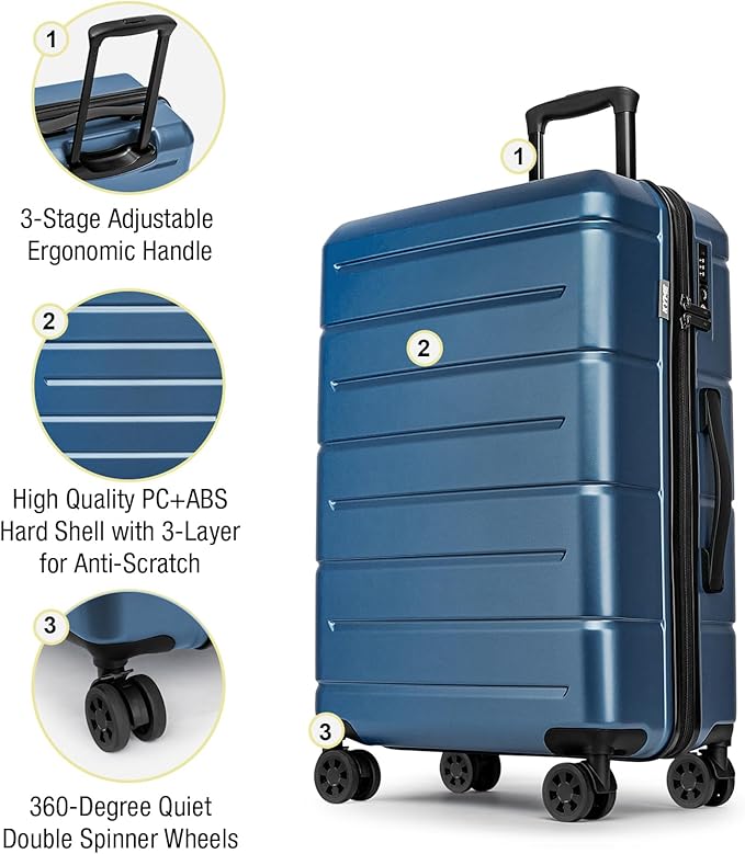 KYME Luggage Sets 2 Piece Suitcase Set Hardshell 20 inch/24 inch Luggage with Spinner Wheels Hardside PC+ABS Checked Large Suitcase with TSA Lock for Men Women Blue
