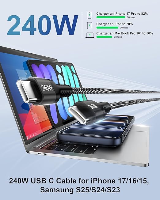 240W USBC Charger Cable Android Fast Charging C Type Cord for Motorola Moto G Play, Moto G 5G Stylus Power Pure, Edge/Edge+ Razr/Razr+, One 5G, USB C to USB-C Power Cargador Samsung Galaxy A17 A16 S25