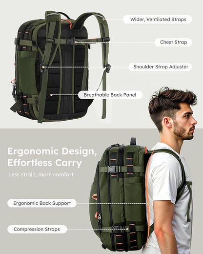 Tolaccea Travel Backpack, TSA Friendly Flight Approved Carry-on Luggage Water-resistant Business Rucksack, Durable Large Computer Bag Daypack Fits 15.6 Inch Laptop, 35-45L Expandable - Green