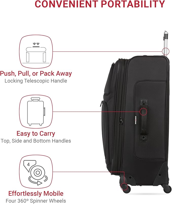 SwissGear Sion Softside Expandable Luggage – Large Checked Suitcase with 360 Degree Wheels & Retractable Handle – 29 Inch, Perfect for 7-9 Night Trips – Black