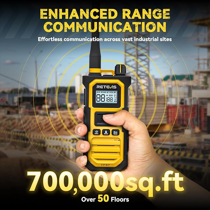Retevis RB48 Pro Walkie Talkies Long Range, High Power, Heavy Duty Rechargeable Two Way Radios, 2800mAh, IP67, Upgrade Noise Reduction, Group Call for Construction (6 Pack with Gang Charger)