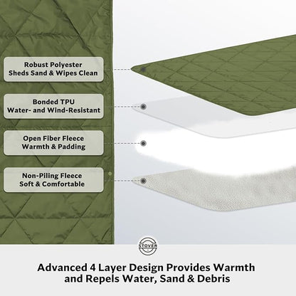 STOVER Outdoor Waterproof Fleece Travel Blanket for Camping, Picnics, Stadiums, Sports, The Beach– Warm, Windproof, Compact, Lightweight & Sand-Resistant (Olive Green)