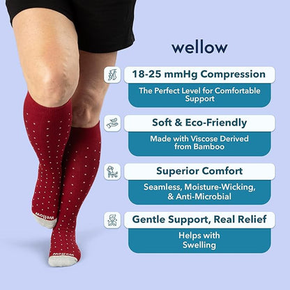 Wellow Wide Calf Compression Socks, Knee High Support, Fit for Men & Women, 18-25 mmHg, Made with Viscose from Bamboo