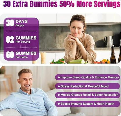 Magnesium Glycinate Gummies 600mg, High Absorption Magnesium Gummies with L-Threonate, Calcium, Vitamin B6, Sugar Free Chews for Adults & Kids Relaxation, Stress Relief Raspberry (60 Count)