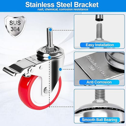 4 inch Stainless Steel Caster Wheels Heavy Duty, 3/8"-16x1 Threaded Stem Casters with Brake, Rust Resistant, Non-Marking Polyurethane PU Wheels for Hospital, Lab, Furniture, Restaurant