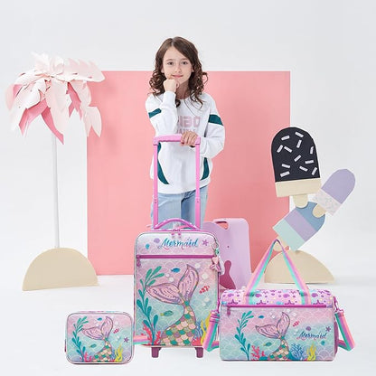 Kids Luggage Set with Wheels Girls Cute Mermaid Travel Softside Suitcases 16" Carry on Suitcase with Duffle Bag Girls Luggage Sets Airline Approved