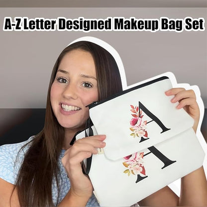 Vavabox A-Z Personalized Makeup Bag, Birthday Gifts for Women Mom, Gifts for Best Friend, Bride Bridesmaid Cosmetic bag (J, 03-White Set)