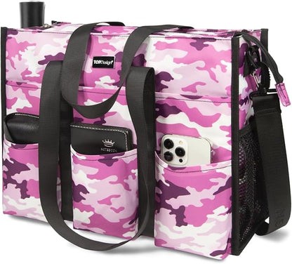 TOPDesign Utility Water Resistant Tote Bag with 22 Pockets, Top Zipper Closure & Thick Bottom Support, for Working Women