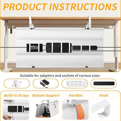 Under Desk Cable Management Tray, No Drill Desk Cord Organizer with Clamp, 36" Fabric Cable Management for Standing Desk Office & Home, White