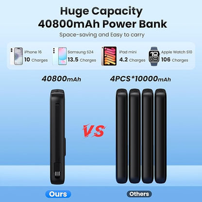 Portable Charger 40800mAh for iPhone with Built-in Cable and iWatch Charger, 25W PD Fast Charging USB C Power Bank,Travel Camping Essentials Battery Pack for iPhone 17/16/15/14/13,Android,Apple Watch