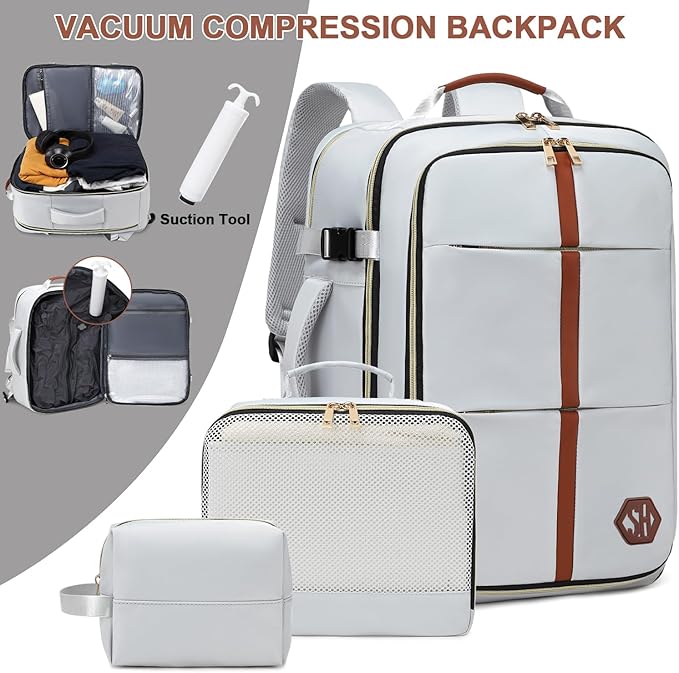40L Travel Laptop Backpack for Women & Men, Airline Approved Carry On Luggage Overnight Bags, Waterproof Personal Item Bag, Weekender Essentials Backpacks Vacuum Backpack Gray White