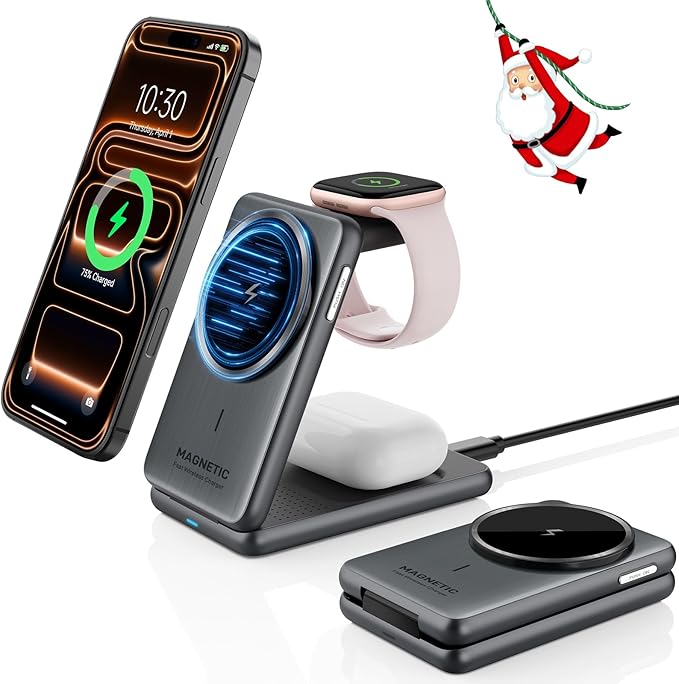 Wireless Charger for Apple, 3 in 1 MagSafe Charger Foldable Magnetic Charger for iPhone 17/16/15/14 Series, Airpods Pro 2, iWatch Series 10/9/8/7, Travel Charging Station for Apple Multiple Devices